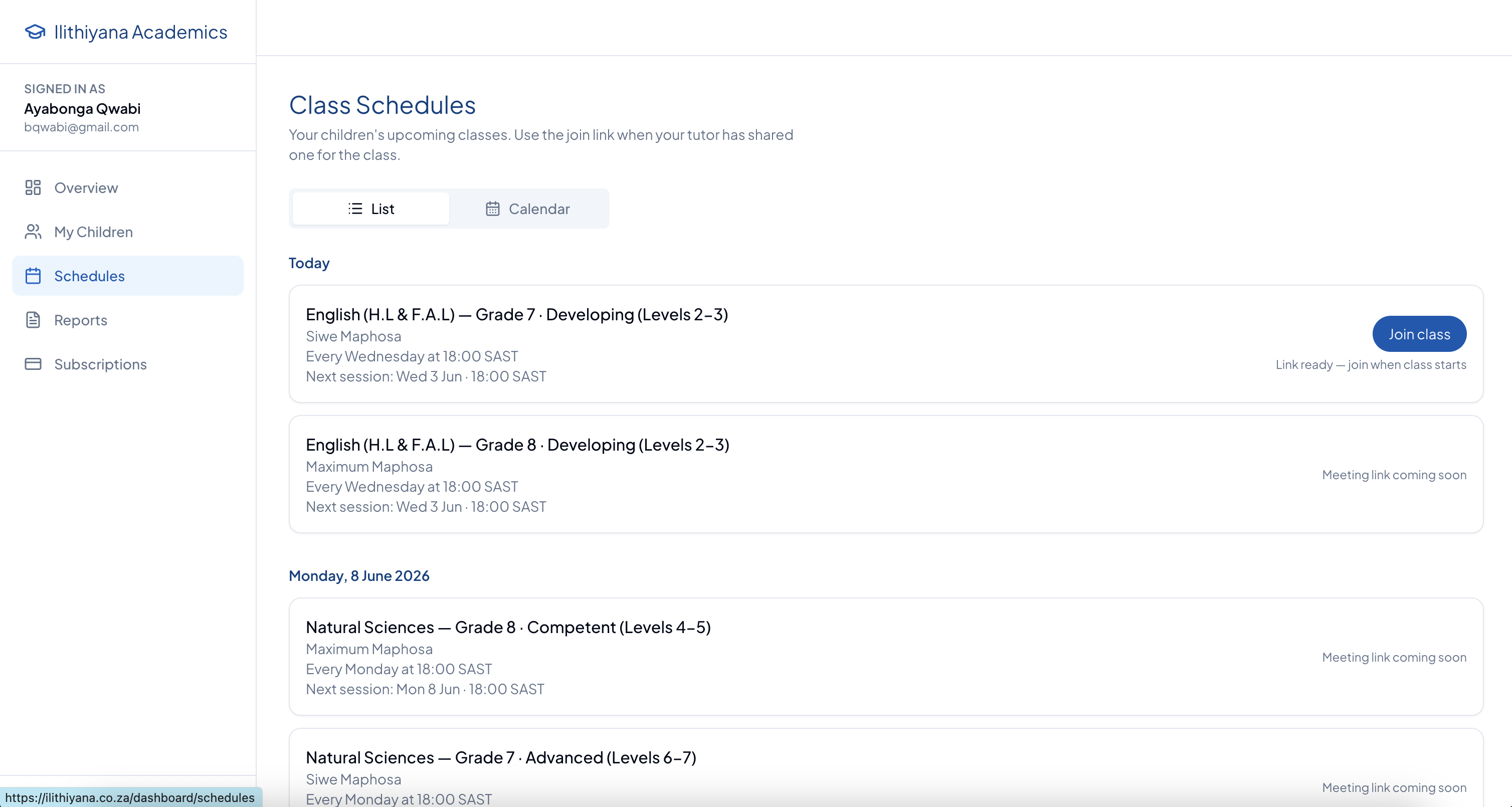 Class schedules + join links